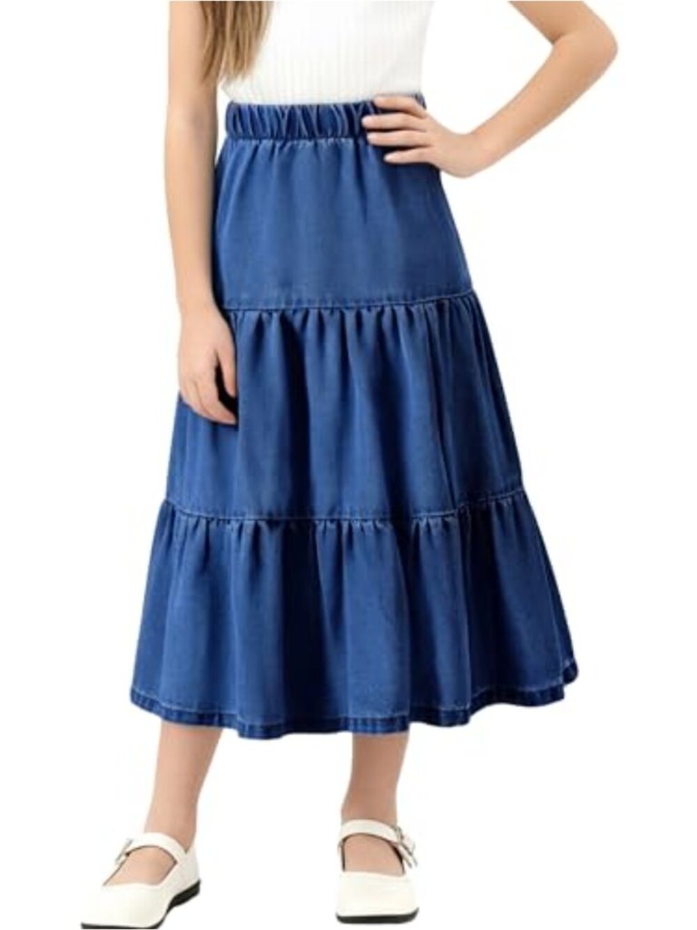 Girl's Cotton Denim Midi Skirt Ruffle Hem Elastic Waist A-Line